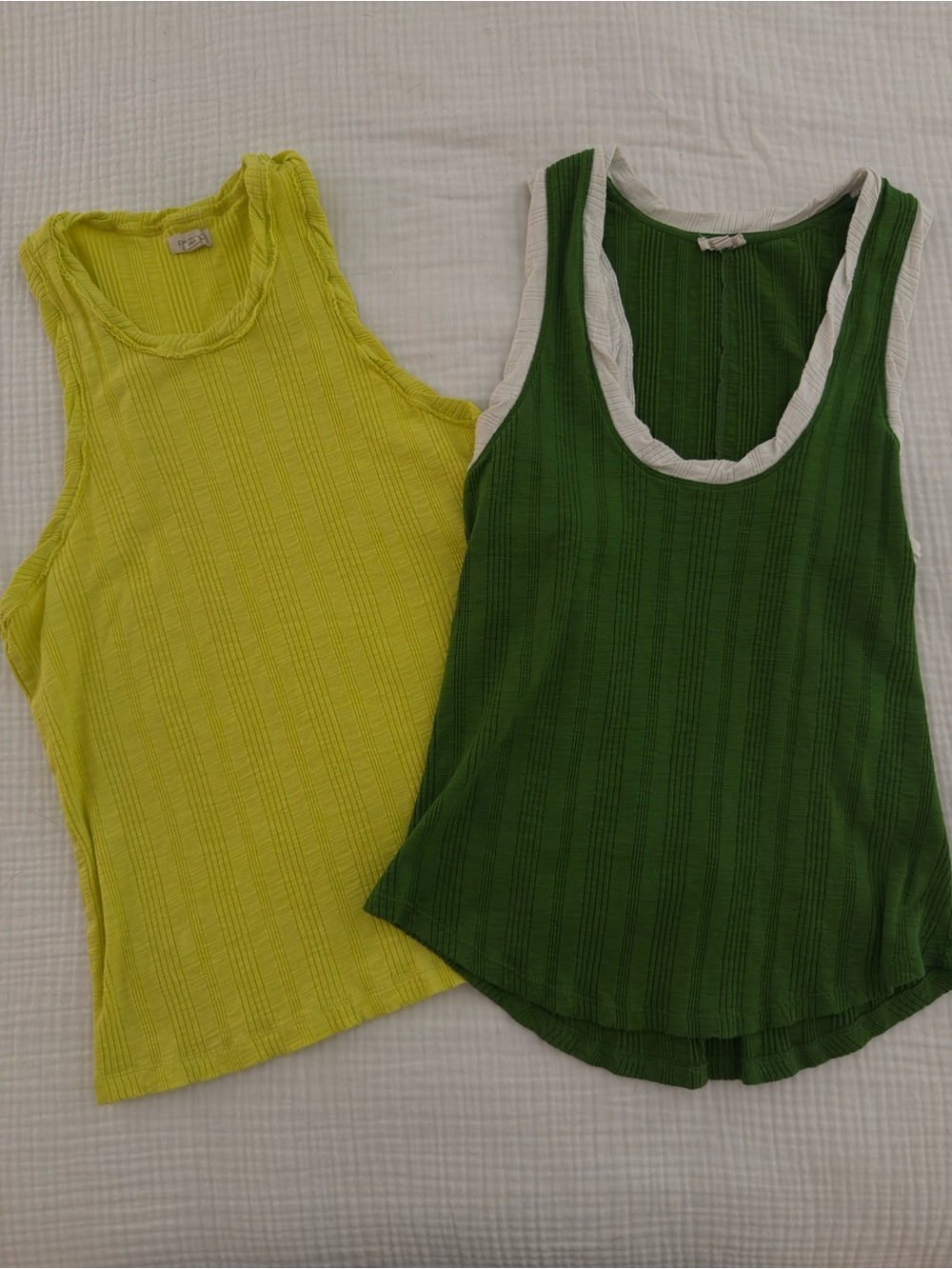Anthropologie Green and Yellow Ribbed Tank Tops